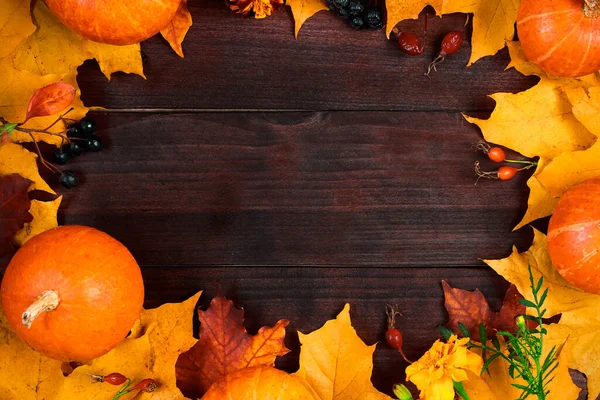 Autumn Background Frame Ripe Pumpkins Fallen Leaves Wooden Boards Harvest — Stock Photo, Image