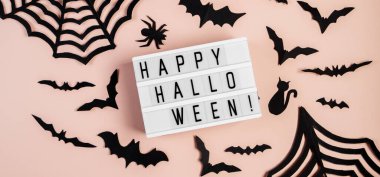 Cadılar Bayramı konsepti Pembe arka planda yarasalar ve örümcekler. Şenlik süslemeleri. Sancak biçimi