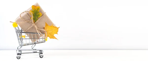 秋のセール 広告用の割引バナー 白い背景にショッピングカートと落ちた黄色の葉 スペースのコピー — ストック写真