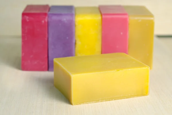 Soap bar flavor with rose, banana, lavender, mango and strawberr — Stock Photo, Image