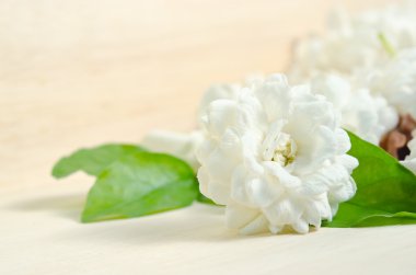 Yasemin çiçekleri ahşap tahta arka plan üzerinde gruplandırılmış