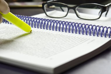 Fosforlu kalem kalem parlak nokta anahtar kelimeler üzerinde kitap tutan el