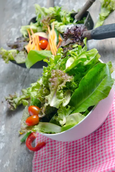 Preparación de ensalada de verduras sobre fondo de tablero de madera — Foto de Stock