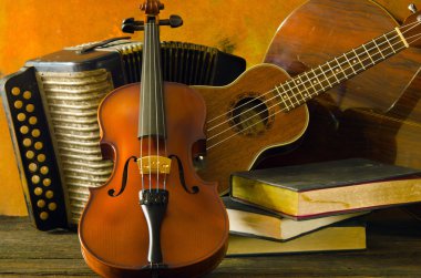 Keman, gitar ve natürmort ahşap arka plan üzerinde kitaplar