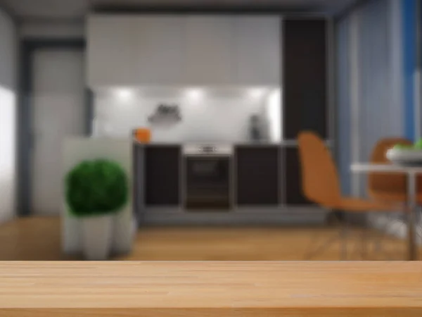 Küche Hintergrund Mit Küchentisch Aus Holz Zoom Produktdisplay — Stockfoto