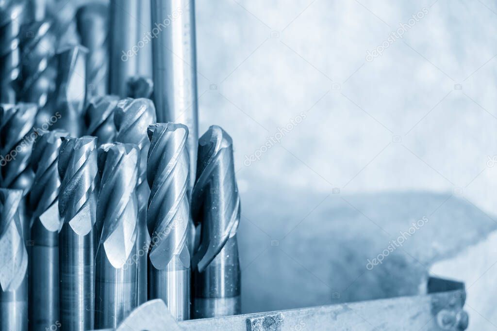 Close-up scene of the used solid  endmill tools for CNC milling machine .The  cutting  tool for machining center.