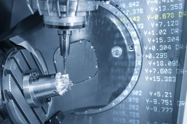 5 eksenli makine merkezinin soyut sahnesi turboşarj bıçağını sert top değirmeniyle kesiyor. Çoklu eksen makine merkezi tarafından otomotiv parçası üretim süreci.