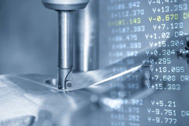 CNC değirmen makinesinin soyut sahnesi ve G-kod veri arkaplanı küf kısmını kaba bir şekilde kesiyor. Yüksek teknoloji kalıp ve makine merkezi tarafından üretilen konsept.