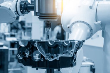 Otomotiv parçaları, robotik kolu değirmenleme işlemiyle tamamlanıyor. Robot sistemi tarafından yüksek teknoloji otomotiv parçaları üretim süreci.