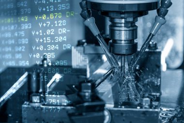 Soyut sahne CNC değirmen makinesi G-code veri arkaplanıyla kalıpları kesiyor. CNC makine merkezi tarafından üretilen kalıp ve ölüm süreci.