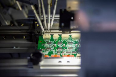 The automatic system assembly line for electronics circuit board. The hi-technology manufacturing process by assembly robotic system. 