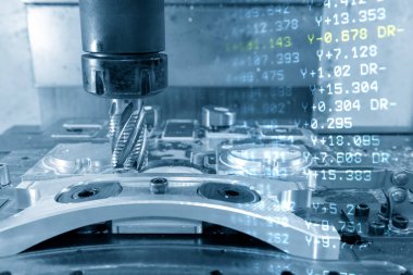 Soyut sahne CNC değirmencilik makinesi jig ve fikstür parçalarını ve G-code veri arkaplanını kabaca kesiyor. Kalıplar ve ölüm üretim süreci, son değirmen araçları ile makine merkezi tarafından.