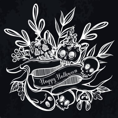 Vektör çizimi, Mutlu Cadılar Bayramı, farklı bitkiler, zehirli elma, kafatası, hayalet, mistisizm. El yapımı, baskılar, arkaplan tahtası