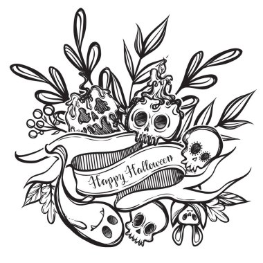 Vektör çizimi, Mutlu Cadılar Bayramı, farklı bitkiler, zehirli elma, kafatası, hayalet, mistisizm. El yapımı, baskılar, arkaplan beyaz
