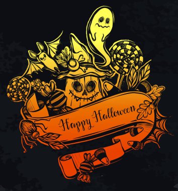 Vektör çizimi, Cadılar Bayramın kutlu olsun, cadı şapkalı balkabağı, şeker, yarasa, hayalet, mistisizm. El yapımı, baskılar, arkaplan tahtası, turuncu renk