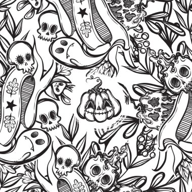 Vektör çizimi, Mutlu Cadılar Bayramı, farklı bitkiler, zehirli elma, balkabağı, kafatası, hayalet, mistisizm. El yapımı, parmak izi, arka plan beyaz, pürüzsüz desen