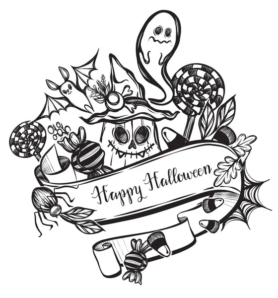 Ilustración Vectorial Feliz Halloween Calabaza Sombrero Bruja Dulces Murciélagos Fantasmas — Archivo Imágenes Vectoriales