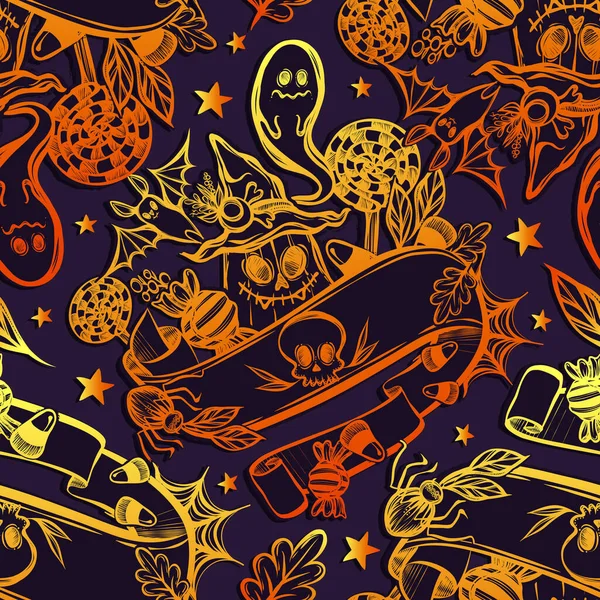 Ilustración Vectorial Feliz Halloween Calabaza Sombrero Bruja Dulces Murciélagos Fantasmas — Vector de stock