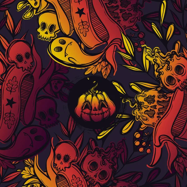 Ilustración Vectorial Feliz Halloween Diferentes Plantas Manzana Envenenada Calabaza Cráneo — Archivo Imágenes Vectoriales