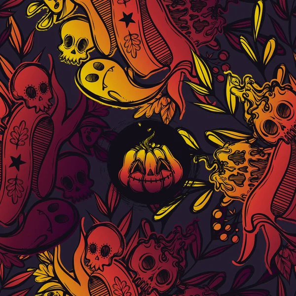 Ilustracja Wektora Happy Halloween Różne Rośliny Zatrute Jabłko Dynia Czaszka — Wektor stockowy