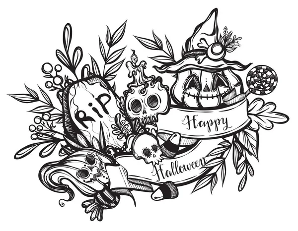 Illustration Vectorielle Joyeux Halloween Tombe Citrouille Chapeau Sorcière Crâne Mysticisme — Image vectorielle