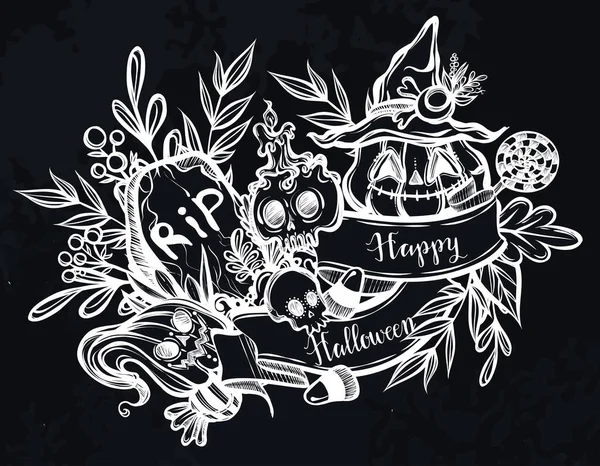 Illustration Vectorielle Joyeux Halloween Tombe Citrouille Chapeau Sorcière Crâne Mysticisme — Image vectorielle