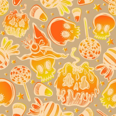 Vektör çizimi, Mutlu Cadılar Bayramı, zehirli elma kafatası, çeşitli tatlılar, mistisizm. El yapımı, parmak izleri, kusursuz desen, arka plan