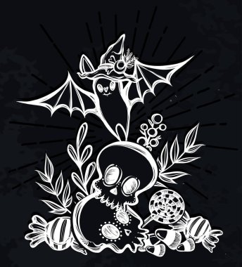 Vektör çizimi, Cadılar Bayramın kutlu olsun cadı şapkası, kafatası, şeker, mistisizm. El yapımı, baskılar, arkaplan tahtası