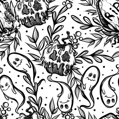 Vektör çizimi, Mutlu Cadılar Bayramı, Graves, zehirli elma, hayaletler, mistisizm. El yapımı, parmak izi, arka plan beyaz, pürüzsüz desen