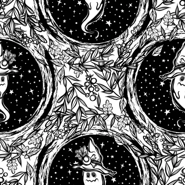 Векторная Иллюстрация Счастливый Хэллоуин Призрак Шляпе Ведьмы Разные Листья Вокруг — стоковый вектор