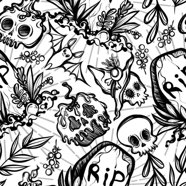 Vektor Illusztráció Boldog Halloweent Koponya Denevér Növények Miszticizmus Háttér Fehér — Stock Vector