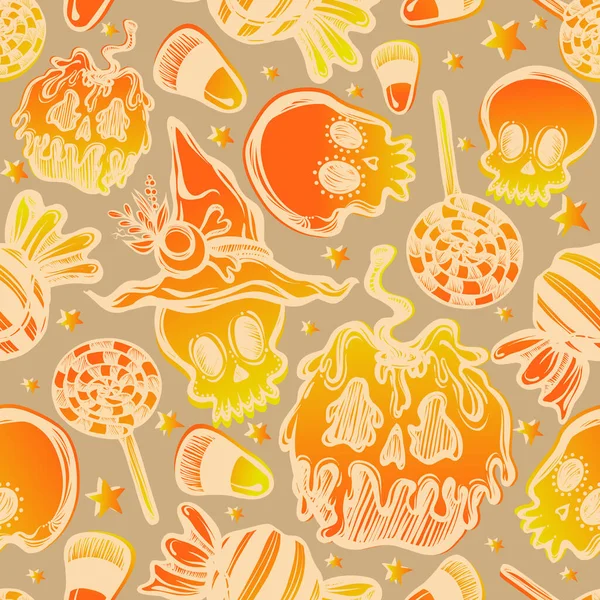 Illustration Vectorielle Joyeux Halloween Pomme Empoisonnée Aux Crânes Bonbons Variés — Image vectorielle