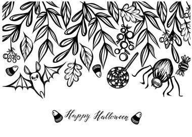 Vektör çizimi, Mutlu Cadılar Bayramı, dallar ve yapraklar, tatlılar, örümcek, yarasa, mistisizm. El yapımı, baskılar, arkaplan beyaz