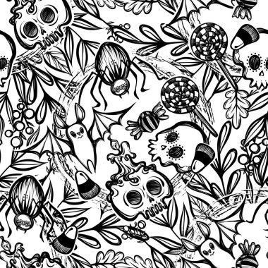 Vektör çizimi, Mutlu Cadılar Bayramı dallar ve yapraklar çelengi, tatlılar, kafatası, örümcek, yarasa, mistisizm, arka plan beyazı, kusursuz desen. El yapımı, parmak izleri.