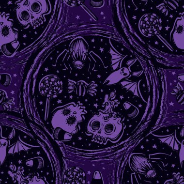 Vektör illüstrasyonu, Mutlu Cadılar Bayramı, yıldızlı geçit, şekerler, kafatası, örümcek, yarasa, mistisizm, baskılar. El yapımı, pürüzsüz desen, arka plan koyu