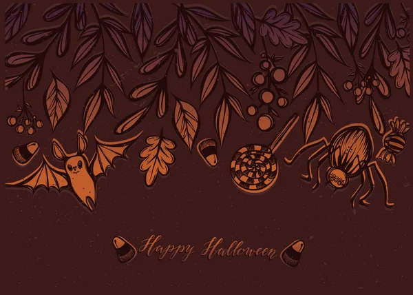 Illustration Vectorielle Joyeux Halloween Branches Feuilles Bonbons Araignée Chauve Souris — Image vectorielle