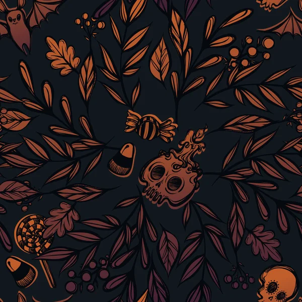 Illustration Vectorielle Joyeux Halloween Couronne Branches Feuilles Bonbons Crâne Araignée — Image vectorielle