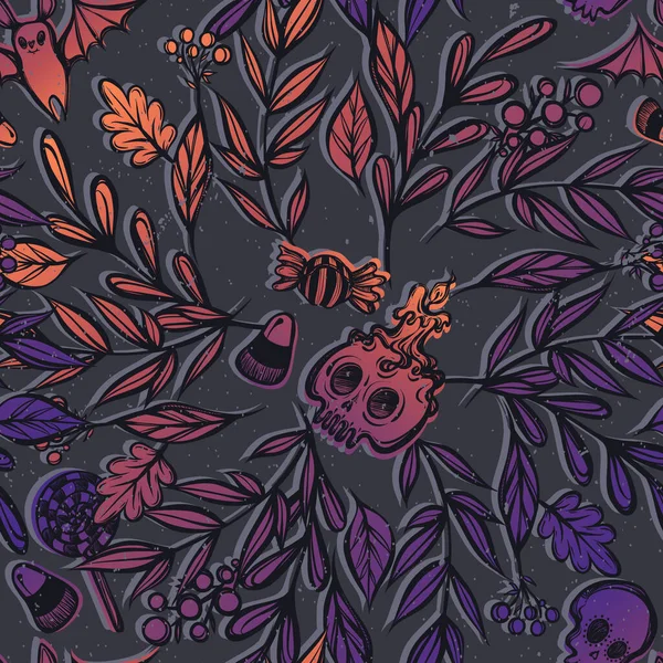 Illustration Vectorielle Joyeux Halloween Couronne Branches Feuilles Bonbons Crâne Araignée — Image vectorielle