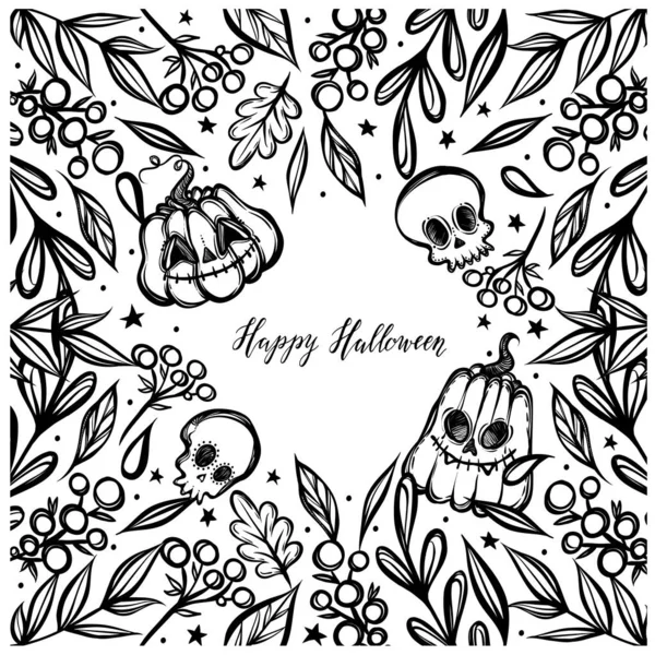 Ilustração Vetorial Feliz Halloween Plantas Diferentes Abóboras Crânio Misticismo Impressões — Vetor de Stock