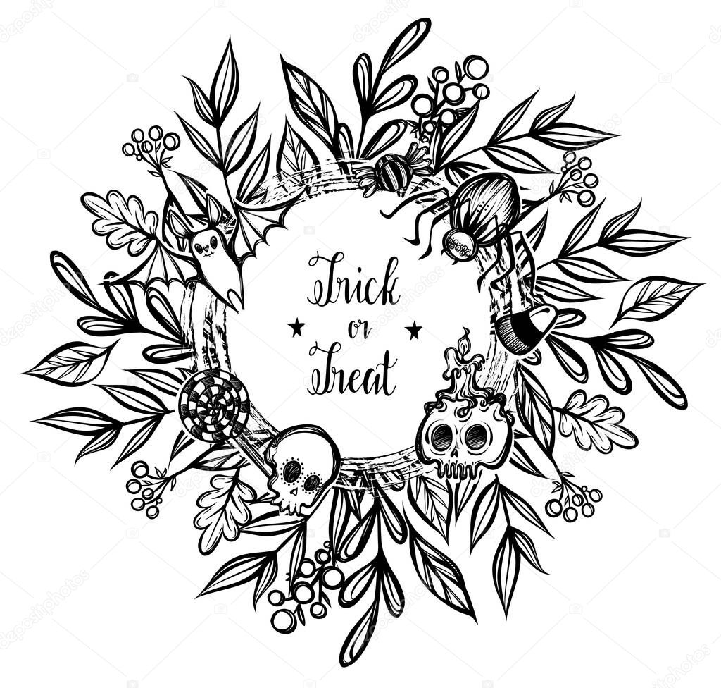 Vector illustration, Happy Halloween,wreath of branches and leaves,sweets, skull, spider, bat, mysticism. Handmade, prints, background white