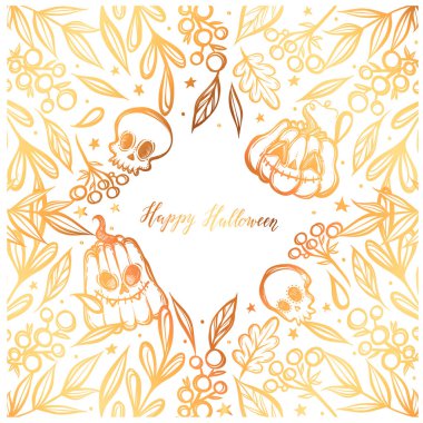 Vektör çizimi, Mutlu Cadılar Bayramı, farklı bitkiler, balkabakları, kafatası, mistisizm, baskılar. El yapımı, arka plan beyaz, altın rengi