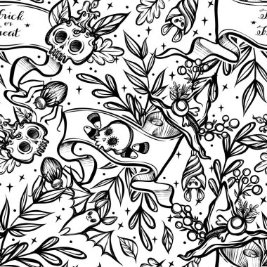 Vektör çizimi, Cadılar Bayramın kutlu olsun, cadı şapkalı kurdele, kafatasları ve yarasalarla süslenmiş, farklı yapraklar, mistisizm. El yapımı, arka plan beyaz, pürüzsüz desen