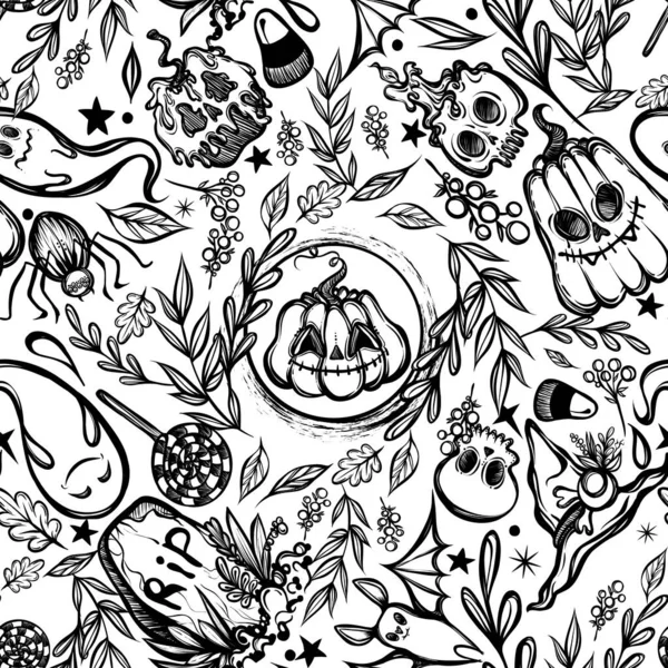 Векторні Ілюстрації Щасливий Хеллоуїн Привиди Гарбузи Черепи Могила Листя Принти — стоковий вектор