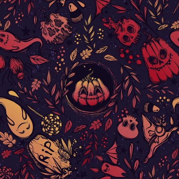 Ilustración Vectorial Feliz Halloween Fantasmas Calabazas Calaveras Tumba Hojas Estampados — Archivo Imágenes Vectoriales