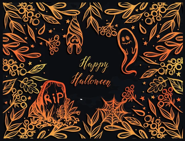 Ilustração Vetorial Feliz Halloween Plantas Diferentes Sepultura Fantasma Morcego Misticismo —  Vetores de Stock