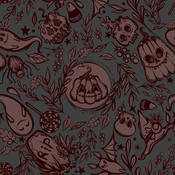 Ilustración Vectorial Feliz Halloween Fantasmas Calabazas Calaveras Tumbas Hojas Estampados — Vector de stock