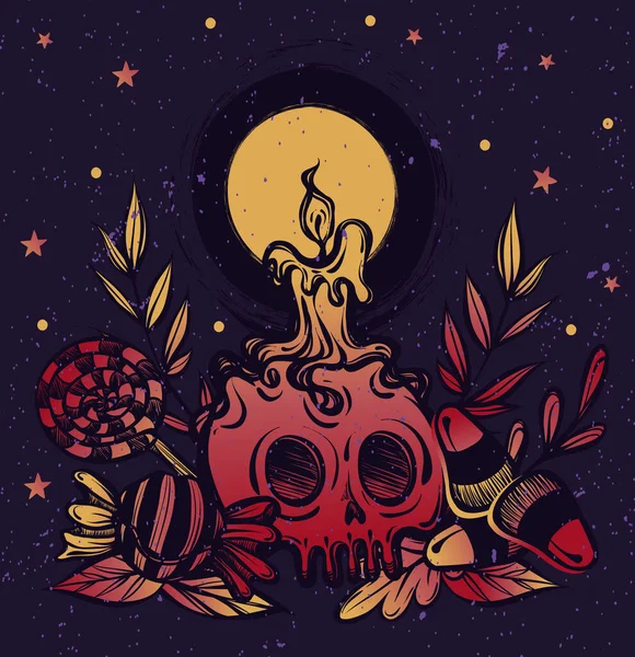 Ilustración Vectorial Halloween Cráneo Con Velas Maíz Dulce Piruleta Misticismo — Archivo Imágenes Vectoriales