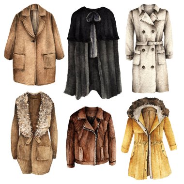 Suluboya Moda Çizimi. Moda aksesuarları. Sonbahar kıyafetleri. Ceket, palto, pelerin.