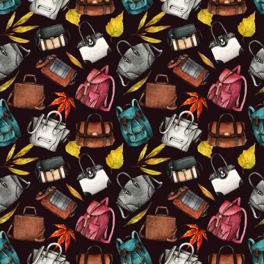 Suluboya Moda Çizimi. Moda aksesuarları seti. Sonbahar, farklı çantalar, sırt çantaları, pürüzsüz desenler, karanlık arka plan.