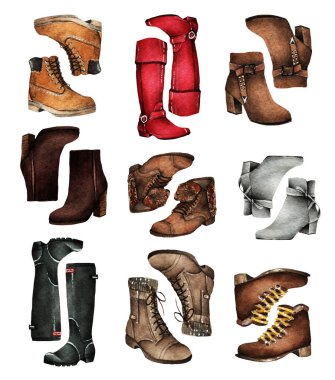 Suluboya Moda Çizimi. Moda aksesuarları. Sonbahar, farklı ayakkabılar, çizmeler.